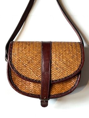 Vintage Tan Woven Crossbody with Brown Leather Trim